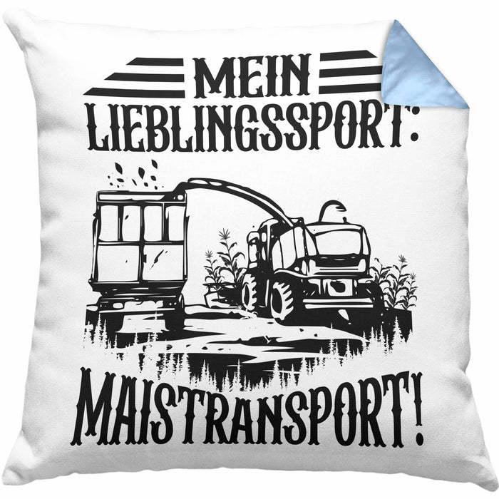 Lieblingssport Maistransport Kissen mit Füllung 40x40 Geschenk Landwirt Bauer Geschenkidee Landwirtschaft Häferl (Grau) Blau Trendation