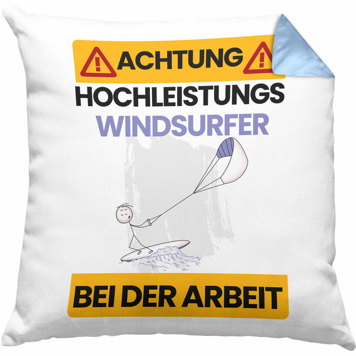 Windsurfer Kissen mit Füllung 40x40 Geschenk Lustiger Spruch Geschenkidee für Windsurfer Achtung Hochleistungs Windsurfer Bei Der Arbeit (Grau) Blau Trendation