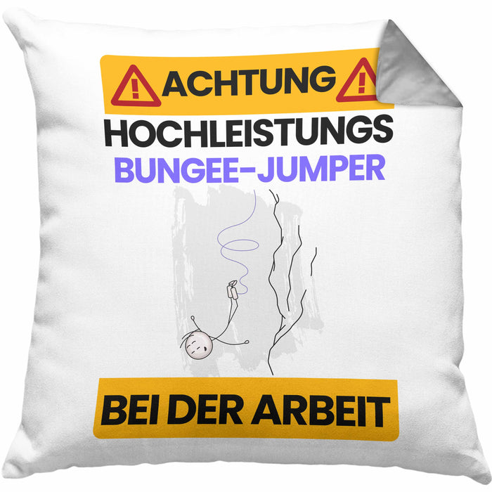 Bungee-Jumper Kissen mit Füllung 40x40 Geschenk Lustiger Spruch Geschenkidee für Bungee-Jumper Achtung Hochleistungs Bungee-Jumper Bei Der Arbeit (Grau) Grau Trendation