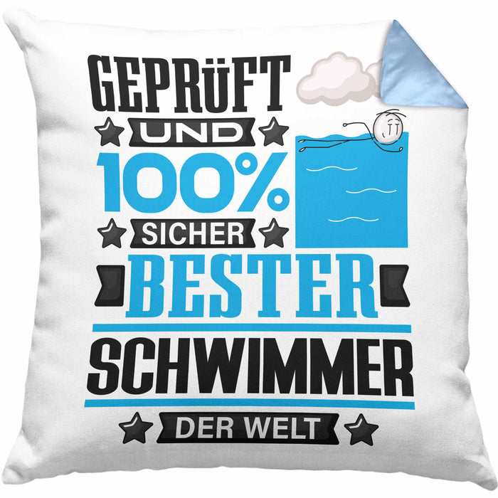 Schwimmer Geschenk Lustiger Spruch für Schwimmer Geschenkidee Bester Schwimmer Der WeltKissen mit Füllung 40x40 (Grau) Blau Trendation