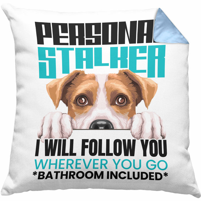 Jack Russell Besitzerin Kissen mit Füllung 40x40 Geschenk Lustiger Spruch Geschenkidee Personal Stalker (Grau) Blau Trendation