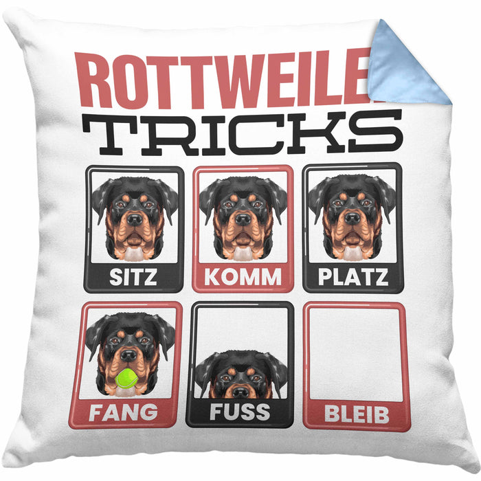 Rottweiler Besitzer Kissen mit Füllung 40x40 Geschenk Lustiger Spruch Geschenkidee Rottweiler Tricks Bleib (Grau) Blau Trendation