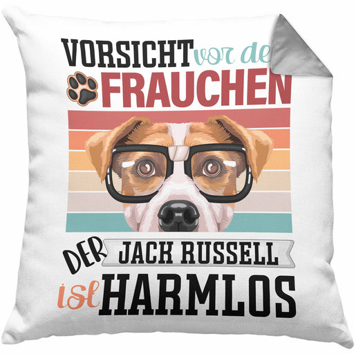 Jack Russell Besitzerin Frauchen Kissen mit Füllung 40x40 Geschenk Lustiger Spruch Geschenkidee Vorsicht Vor Dem Frauchen (Grau) Grau Trendation