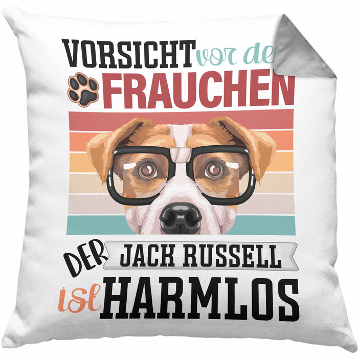 Jack Russell Besitzerin Frauchen Kissen mit Füllung 40x40 Geschenk Lustiger Spruch Geschenkidee Vorsicht Vor Dem Frauchen (Grau) Grau Trendation