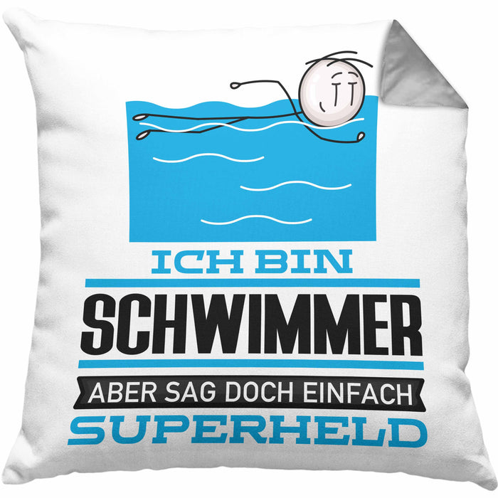 Schwimmer Geschenk Kissen mit Füllung 40x40 Ich Bin Schwimmer Aber Sag Doch Einfach Superheld Lustige Geschenkdiee für Schwimmer (Grau) Grau Trendation