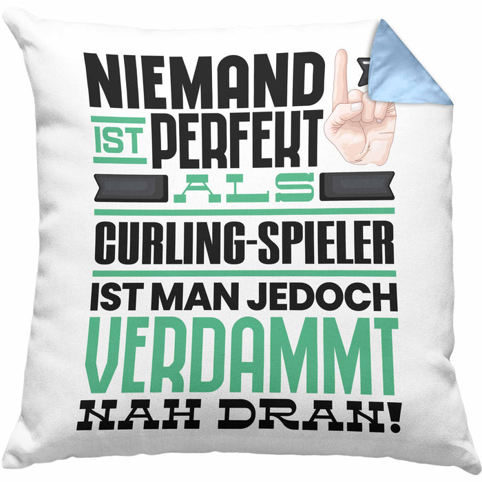 Curling-Spieler Geschenk Kissen mit Füllung 40x40 Lustige Geschenkidee für Curling-Spieler Geburtstag Niemand Ist Perfekt Aber Als Curling-Spieler Ist Man Nah Dran (Grau) Blau Trendation