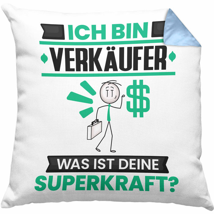Verkäufer Kissen mit Füllung 40x40 Geschenk für Verkäufer Geburtstag Lustiger Spruch Was Ist Deine Superkraft (Grau) Blau Trendation