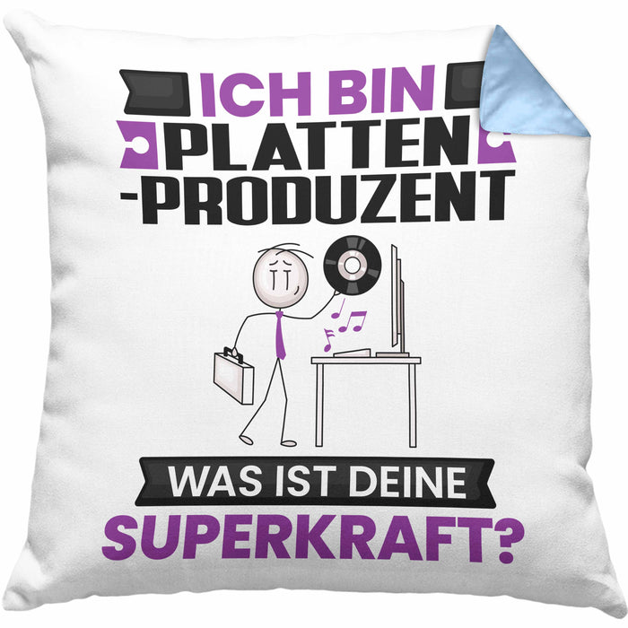 Plattenproduzent Kissen mit Füllung 40x40 Geschenk für Plattenproduzent Geburtstag Lustiger Spruch Was Ist Deine Superkraft (Grau) Blau Trendation