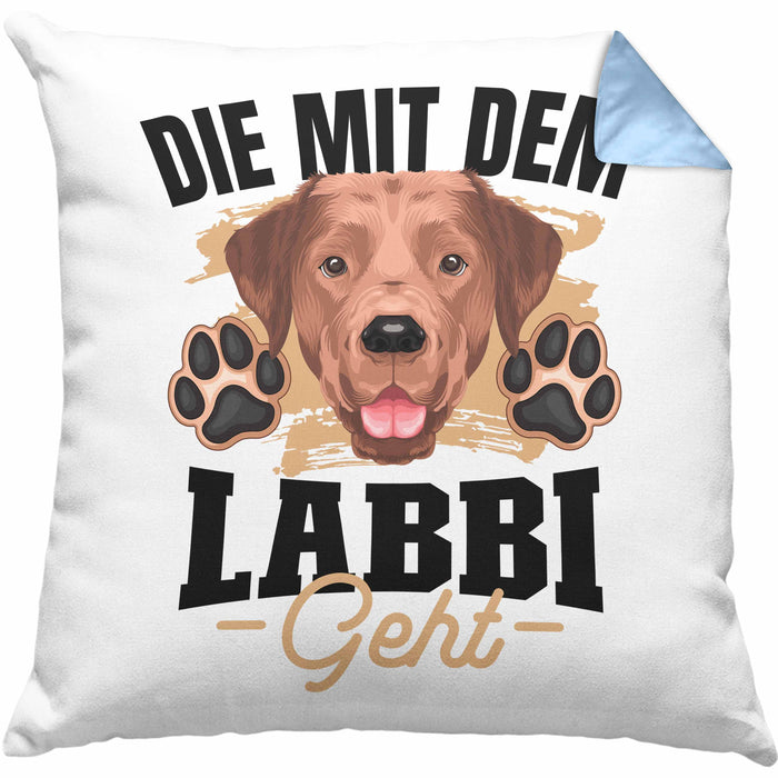 Die Mit Dem Labbi Geht Kissen mit Füllung 40x40 Gassi Gehen Labrador Besitzerin Geschenkidee Frauchen Geschenk (Grau) Blau Trendation