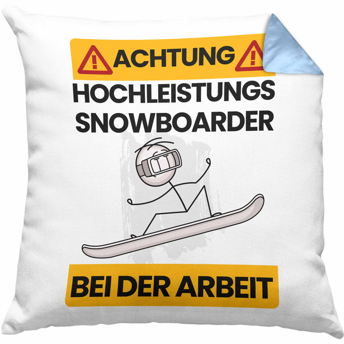 Snowboarder Kissen mit Füllung 40x40 Geschenk Lustiger Spruch Geschenkidee für Snowboarder Achtung Hochleistungs Snowboarder Bei Der Arbeit (Grau) Blau Trendation