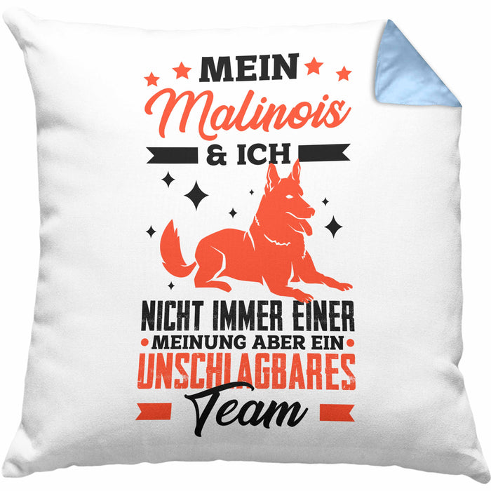 Malinois Kissen mit Füllung 40x40 Geschenk Hundebesitzer Unschlagbares Team (Grau) Blau Trendation