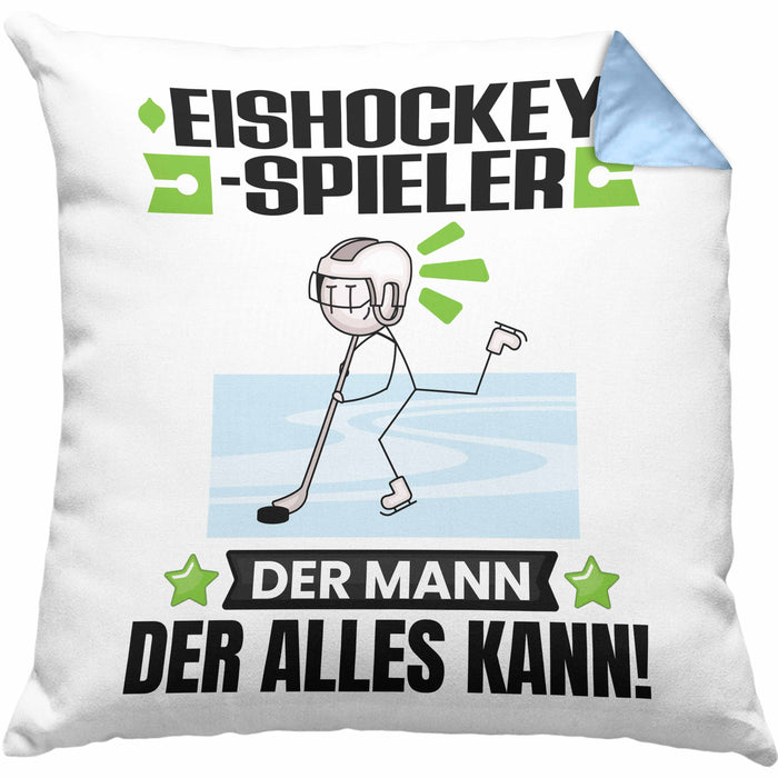Eishockeyspieler Kissen mit Füllung 40x40 Geschenk für Eishockeyspieler Der Mann Der Alles Kann Geschenkidee zum Geburtstag (Grau) Blau Trendation