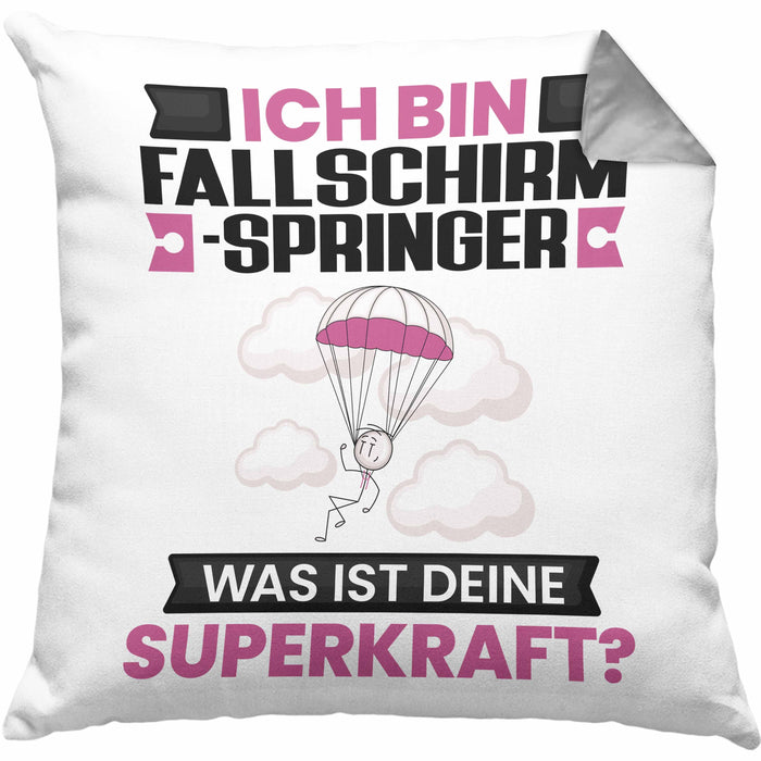 Fallschirmspringer Kissen mit Füllung 40x40 Geschenk für Fallschirmspringer Geburtstag Lustiger Spruch Was Ist Deine Superkraft (Grau) Grau Trendation