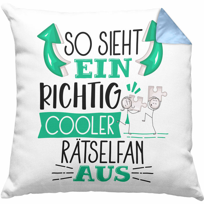 Rätselfan Kissen mit Füllung 40x40 So Sieht Ein Richtig Cooler Rätselfan Aus Geschenk Lustiger Spruch Geschenkidee (Grau) Blau Trendation