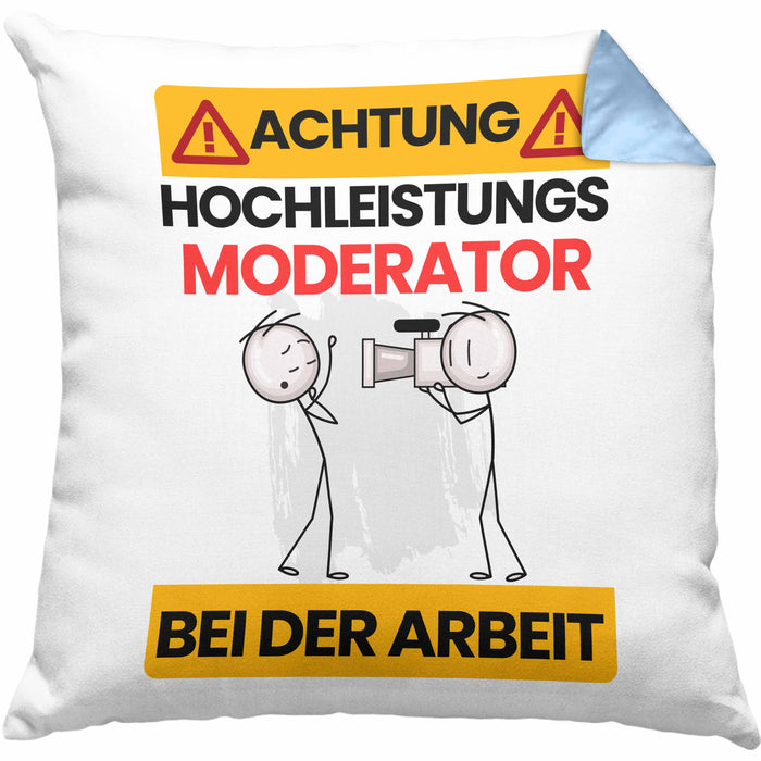 Moderator Kissen mit Füllung 40x40 Geschenk Lustiger Spruch Geschenkidee für Moderator Achtung Hochleistungs Moderator Bei Der Arbeit (Grau) Blau Trendation