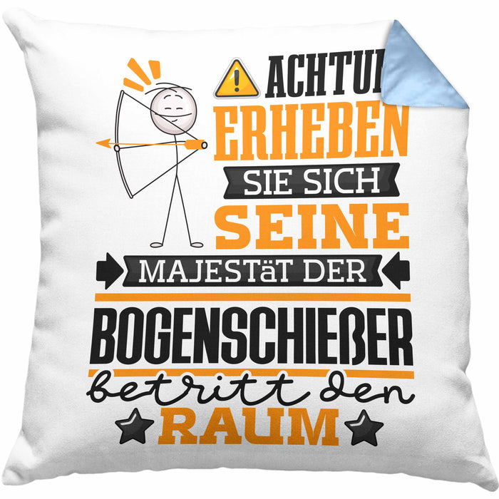 Bogenschießer Geschenk Kissen mit Füllung 40x40 Lustiger Spruch Erheben Sie Sich Der Bogenschießer Betritt den Raum (Grau) Blau Trendation