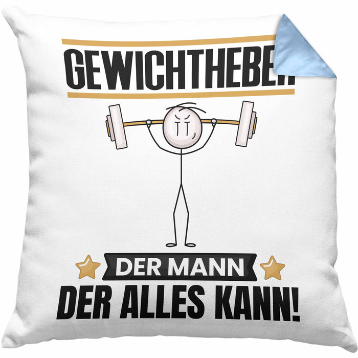 Gewichtheber Kissen mit Füllung 40x40 Geschenk für Gewichtheber Der Mann Der Alles Kann Geschenkidee zum Geburtstag (Grau) Blau Trendation
