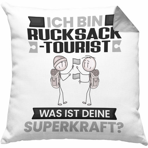 Rucksacktourist Kissen mit Füllung 40x40 Geschenk für Rucksacktourist Geburtstag Lustiger Spruch Was Ist Deine Superkraft (Grau) Grau Trendation