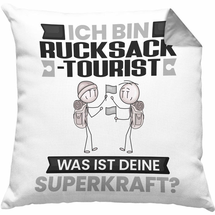 Rucksacktourist Kissen mit Füllung 40x40 Geschenk für Rucksacktourist Geburtstag Lustiger Spruch Was Ist Deine Superkraft (Grau) Grau Trendation