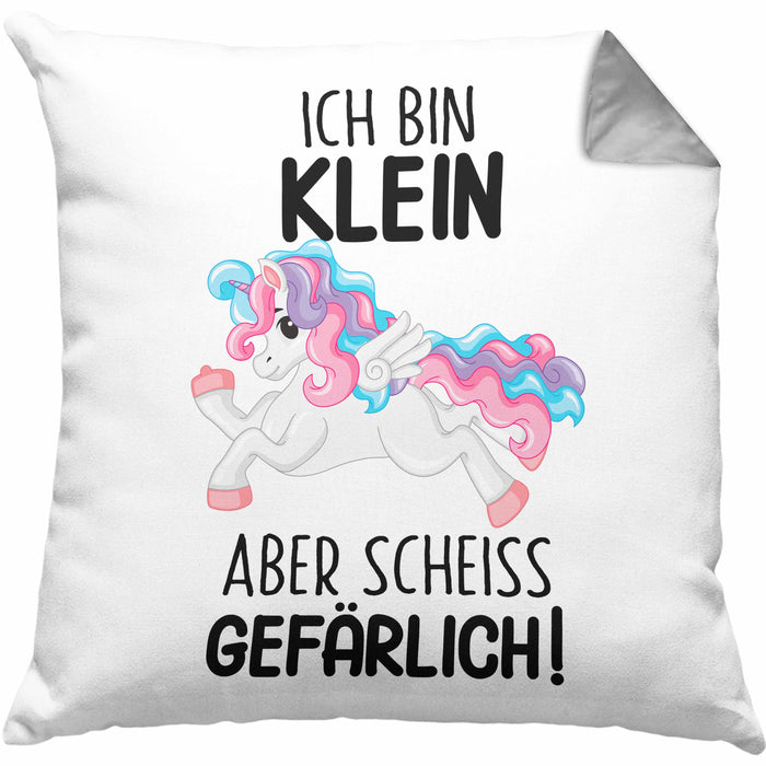 Lustige Ich Bin Klein Aber Gefährlich Kissen mit Füllung 40x40 Mit Spruch Einhorn Geschenk Mama Freundin Kollegin Geschenkidee Arbeit Frauen (Grau) Grau Trendation