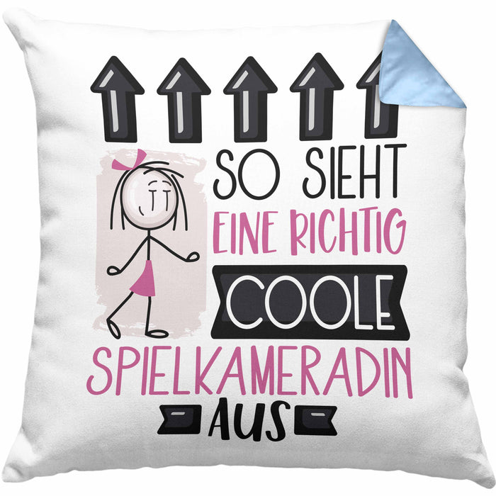 Spielkameradin Geschenk Kissen mit Füllung 40x40 Lustig Geschenkidee für Spielkameradin Geburtstag So Sieht Eine Richtig Coole Spielkameradin Aus Frauen Spruch (Grau) Blau Trendation
