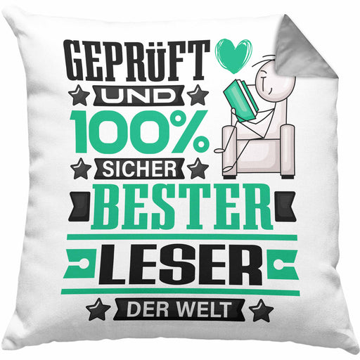 Leser Geschenk Lustiger Spruch für Leser Geschenkidee Bester Leser Der WeltKissen mit Füllung 40x40 (Grau) Grau Trendation