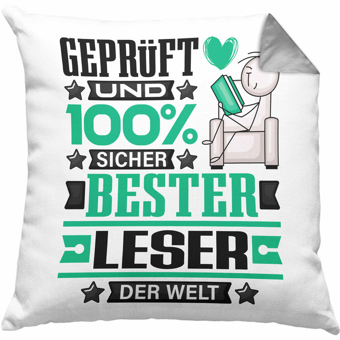 Leser Geschenk Lustiger Spruch für Leser Geschenkidee Bester Leser Der WeltKissen mit Füllung 40x40 (Grau) Grau Trendation
