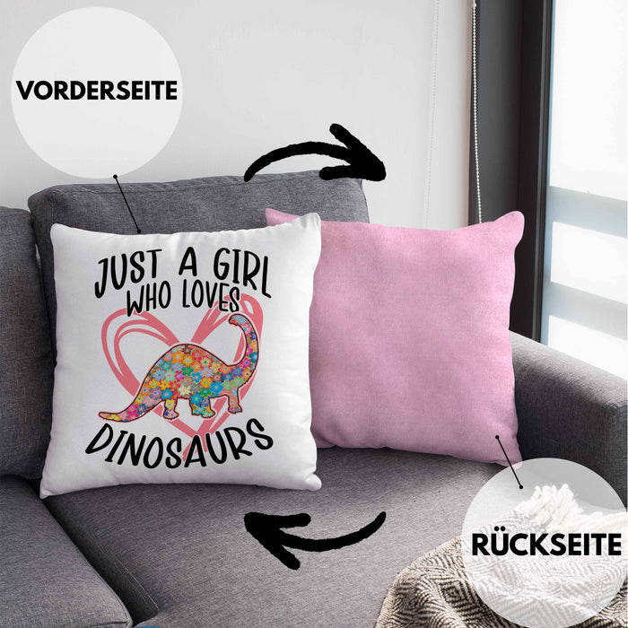 Just A Girl Who Loves Dinosaurs Kissen mit Füllung 40x40 Geschenk Mädchen Dinos Geschenkidee (Grau) Rosa Trendation