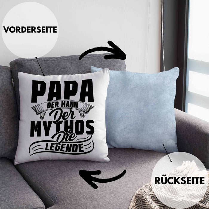 Papa Der Mann Der Mythos Die Legende Kissen mit Füllung 40x40 Vatertag Spruch Bester Papa Geschenkidee Vater (Grau) Blau Trendation