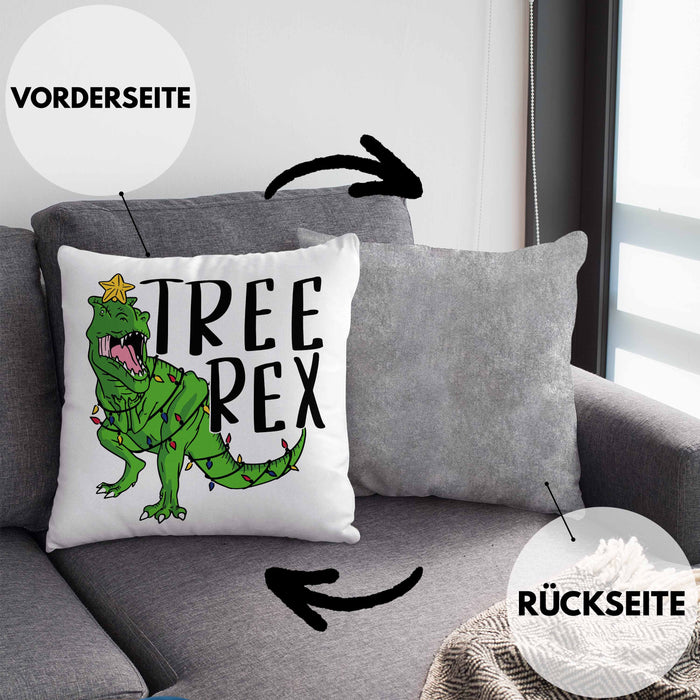 Tree Rex Kissen mit Füllung 40x40 Geschenk T-Rex Geschenkidee Jungs Weihnachten Dinosaurier Xmas (Grau) Grau Trendation