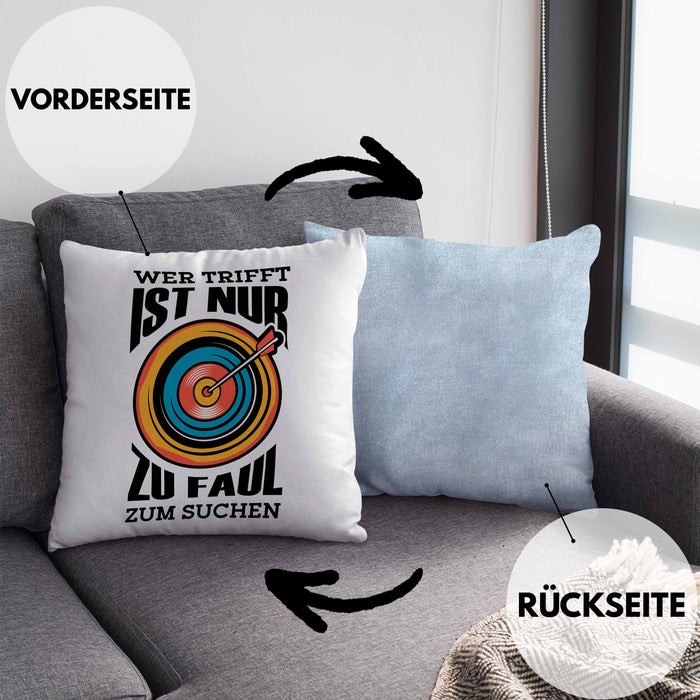 Bogenschießen Kissen mit Füllung 40x40 mit Bogenschütze Spruch - Geschenk für Pfeil und Bogen Fans Wer Trifft Ist Nur Zu Faul Zum Suchen (Grau) Blau Trendation