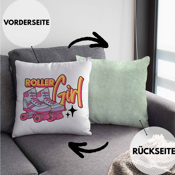 Lustige Rollschuh Kissen mit Füllung 40x40 Geschenk für Roller Girls "Roller Girl" Nostalgie 80er 90er Jahre (Grau) Grün Trendation