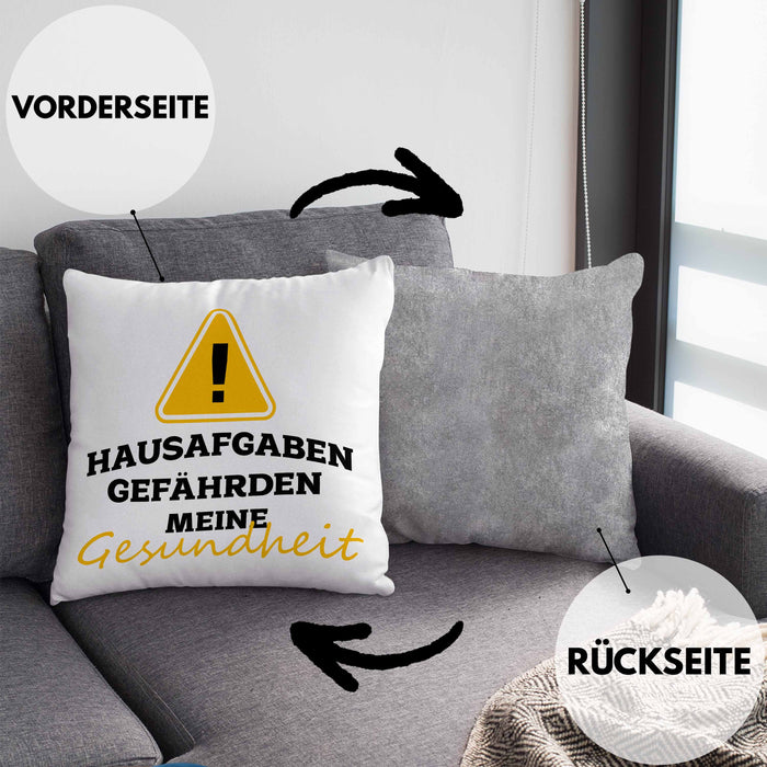 Lustige Kissen mit Füllung 40x40 "Hausaufgaben gefährden meine Gesundheit" Geschenk für Schüler (Grau) Grau Trendation