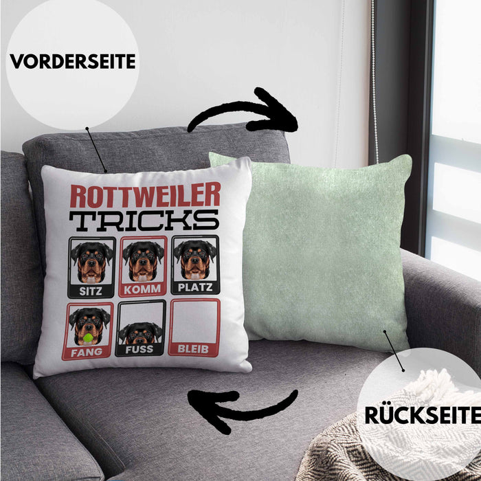 Rottweiler Besitzer Kissen mit Füllung 40x40 Geschenk Lustiger Spruch Geschenkidee Rottweiler Tricks Bleib (Grau) Grün Trendation