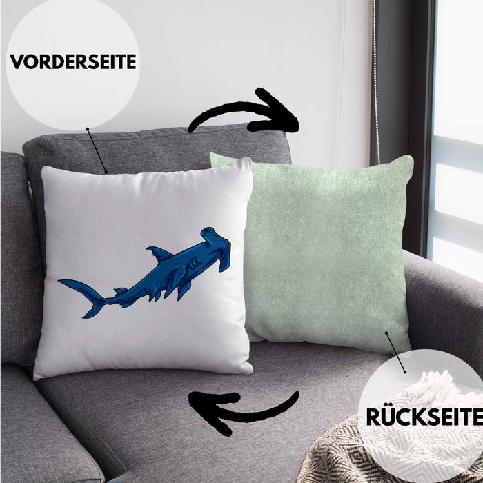 Kissen mit Füllung 40x40 mit Hammerhai und Haifisch Grafik Geschenk für Ozeanliebhaber (Grau) Grün Trendation