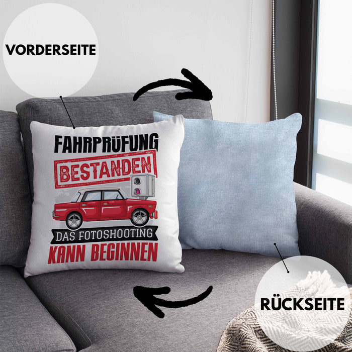 Führerschein Bestanden Geschenk Kissen mit Füllung 40x40 Bestandener Führerschein Das Fotoshooting Kann Beginnen Fahrschule (Grau) Blau Trendation