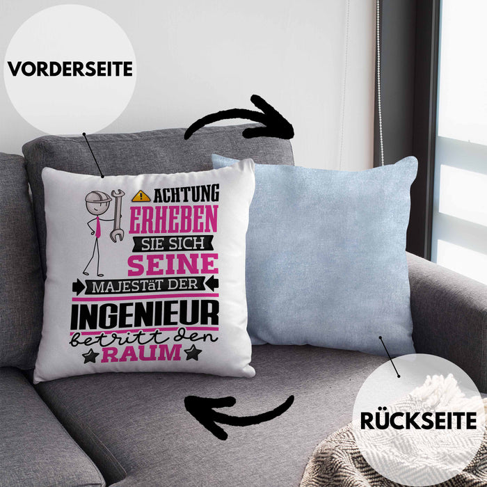 Ingenieur Geschenk Kissen mit Füllung 40x40 Lustiger Spruch Erheben Sie Sich Der Ingenieur Betritt den Raum (Grau) Blau Trendation