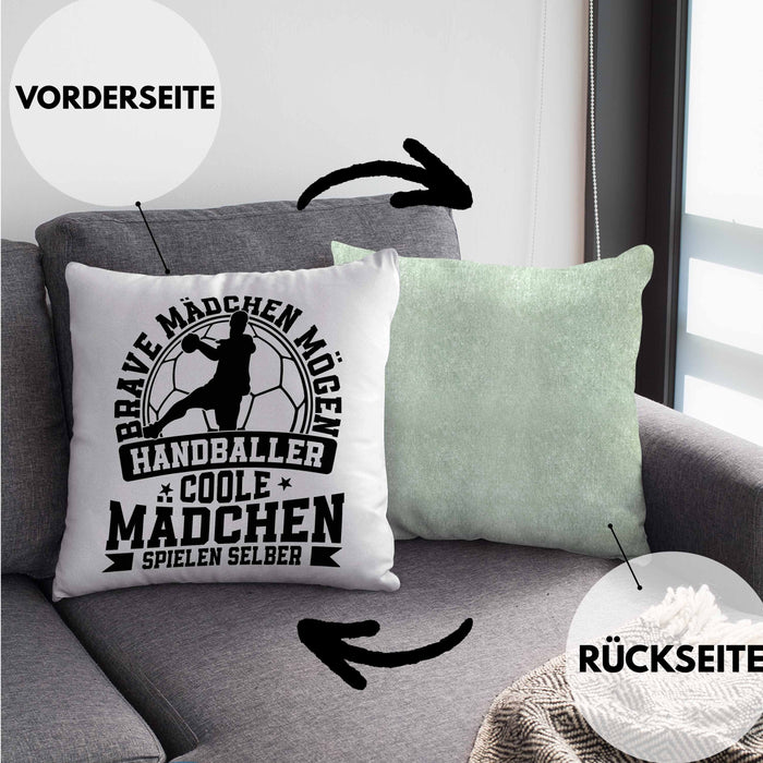 Mädchen Handball-Spielerin Kissen mit Füllung 40x40 Geschenk Spruch Echte Mädchen Spielen Handball Geschenkidee Frauen Brave Mädchen Mögen Handballer (Grau) Grün Trendation