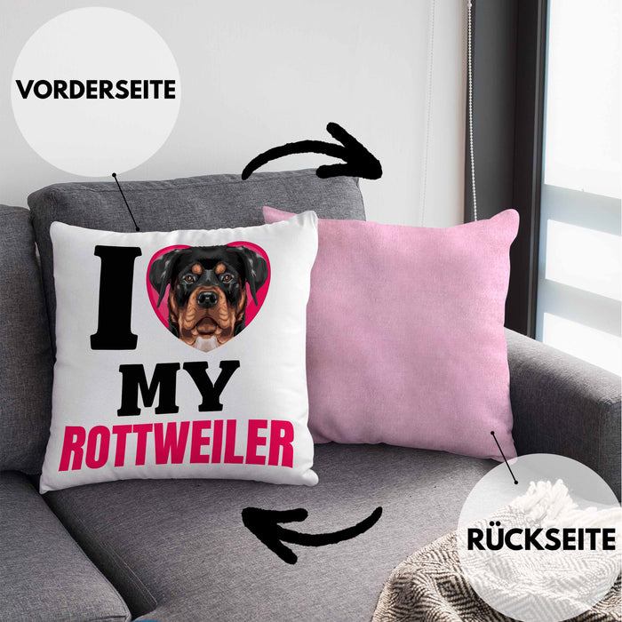 Rottweiler Besitzerin Kissen mit Füllung 40x40 Geschenk Lustiger Spruch Geschenkidee I Love My Rottweiler (Grau) Rosa Trendation