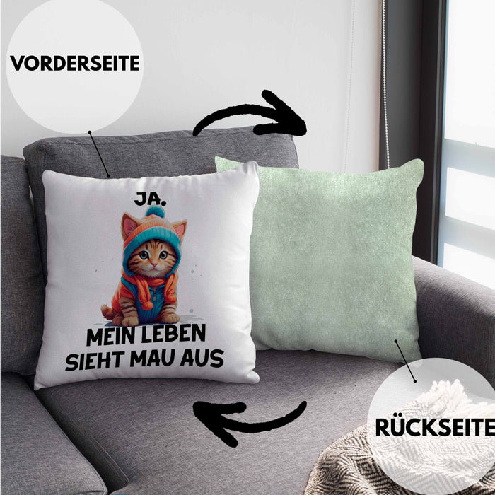 Dank Meme Kissen mit Füllung 40x40 Katzen Besitzer Wortspiel Ja Mein Leben Sieht Mau Aus Traurige Katze Geschenkidee Süße Katze (Grau) Grün Trendation