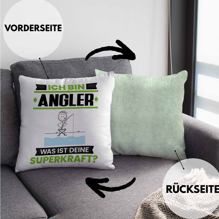 Angler Kissen mit Füllung 40x40 Geschenk für Angler Geburtstag Lustiger Spruch Was Ist Deine Superkraft (Grau) Grün Trendation