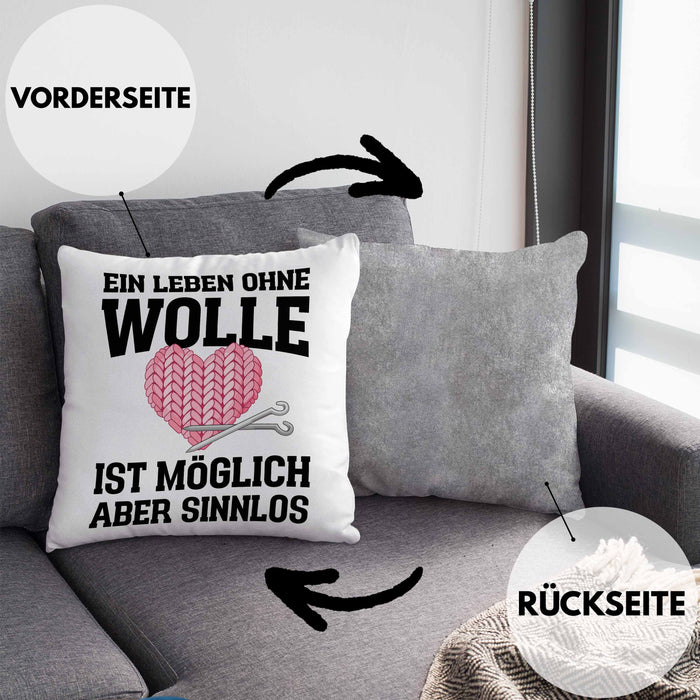 Häkeln Zubehör Kissen mit Füllung 40x40 Geschenk Stricken Geschenke Häkel Oma Mama Ein Leben Ohne Wolle (Grau) Grau Trendation