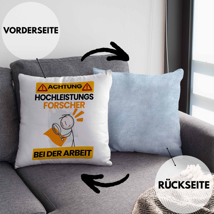 Forscher Kissen mit Füllung 40x40 Geschenk Lustiger Spruch Geschenkidee für Forscher Achtung Hochleistungs Forscher Bei Der Arbeit (Grau) Blau Trendation