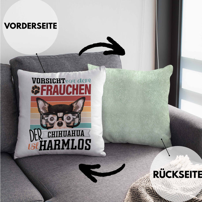 Chihuahua Besitzerin Frauchen Kissen mit Füllung 40x40 Geschenk Lustiger Spruch Geschenkidee Vorsicht Vor Dem Frauchen (Grau) Grün Trendation