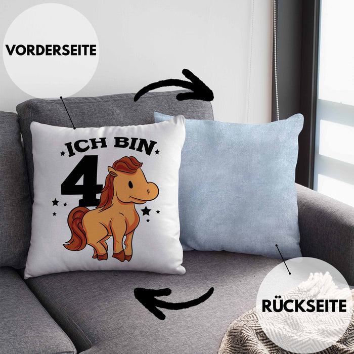 Lustige Kissen mit Füllung 40x40 4. Geburtstag für Mädchen Pferde-Motiv Pferdefans Reiterin (Grau) Blau Trendation