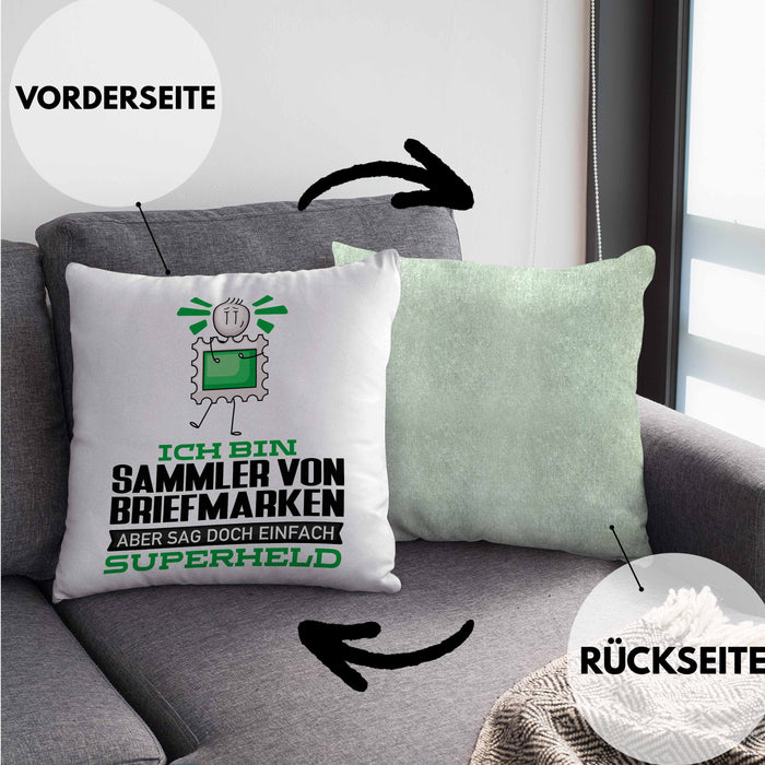 SammlervonBriefmarken Geschenk Kissen mit Füllung 40x40 Ich Bin SammlervonBriefmarken Aber Sag Doch Einfach Superheld Lustige Geschenkdiee für SammlervonBriefmarken (Grau) Grün Trendation