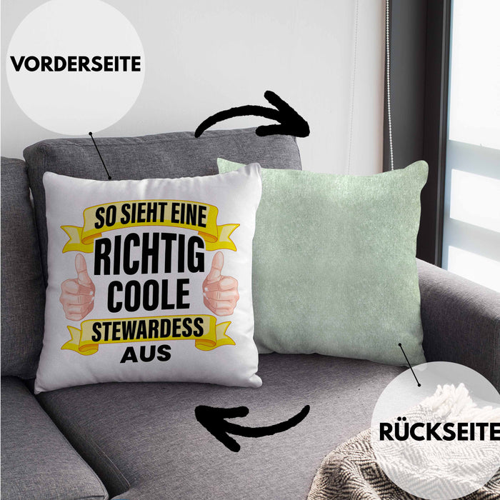 Stewardess Kissen mit Füllung 40x40 Geschenk für Stewardessin Lustiger Spruch Lustig Flugbegleiterin Sprüche (Grau) Grün Trendation