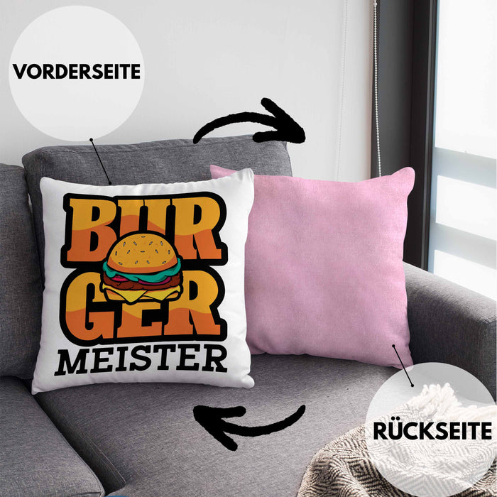 Burger Meister Kissen mit Füllung 40x40 Geschenk Spruch Grillen Sommer Burger Liebhaber Geschenkidee Cheeseburger (Grau) Rosa Trendation