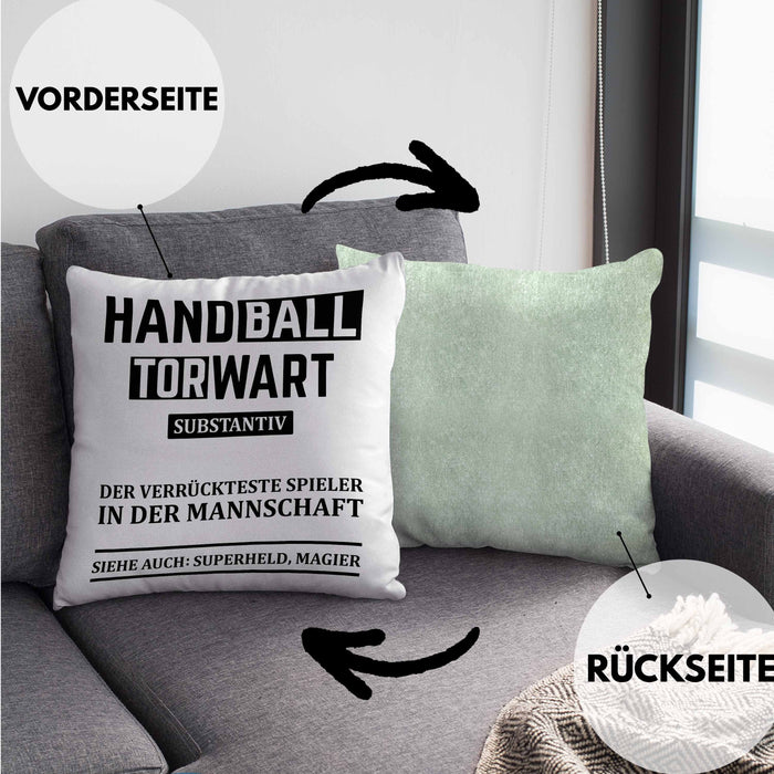 Handball Torwart Geschenk Kissen mit Füllung 40x40 Geschenkidee Handball-Spieler Handballspielerin Mädchen Jungs (Grau) Grün Trendation