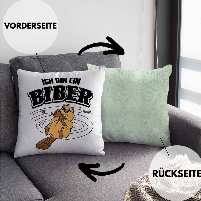 Bieber Kissen mit Füllung 40x40 Biebermotiv Geschenk Tierwohlhaber (Grau) Grün Trendation